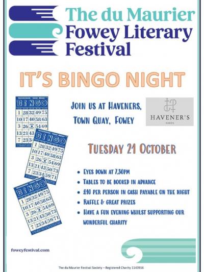 du Maurier Fowey Festival bingo poster 21st October 2025